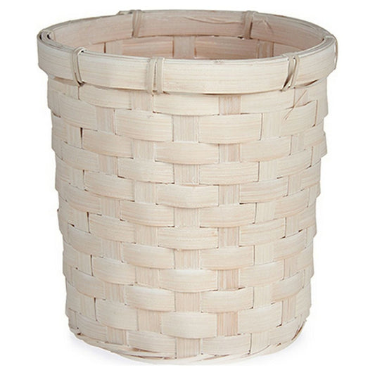 Round whitewashed woven bamboo plant pot cover, 17 cm across, the size that takes a 13 to 14 cm nursery pot