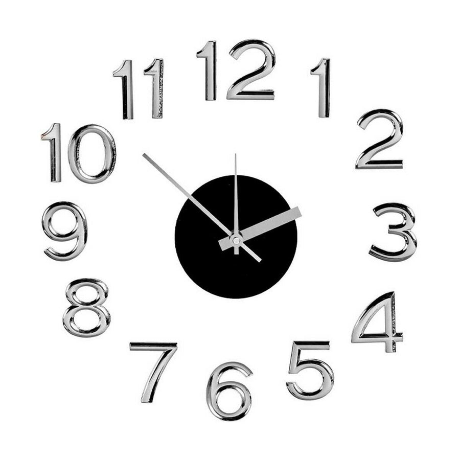 Stick-on wall clock kit with raised silver numerals arranged around a black centre disc with silver hands