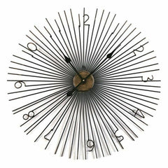 Large starburst metal wall clock with slim radiating spokes and open numerals