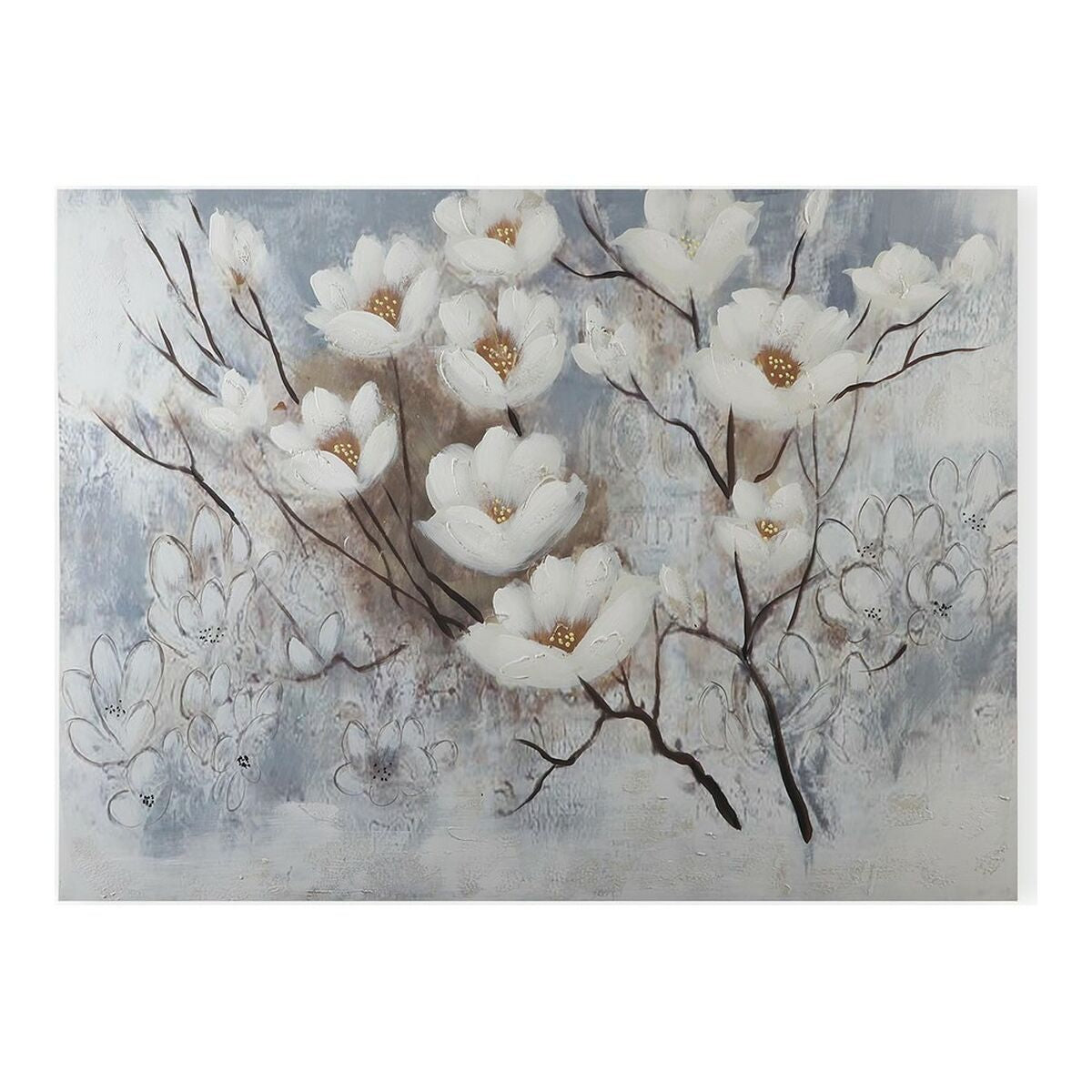 Floral canvas wall art of white blossom branches with gold centres on a grey-blue background