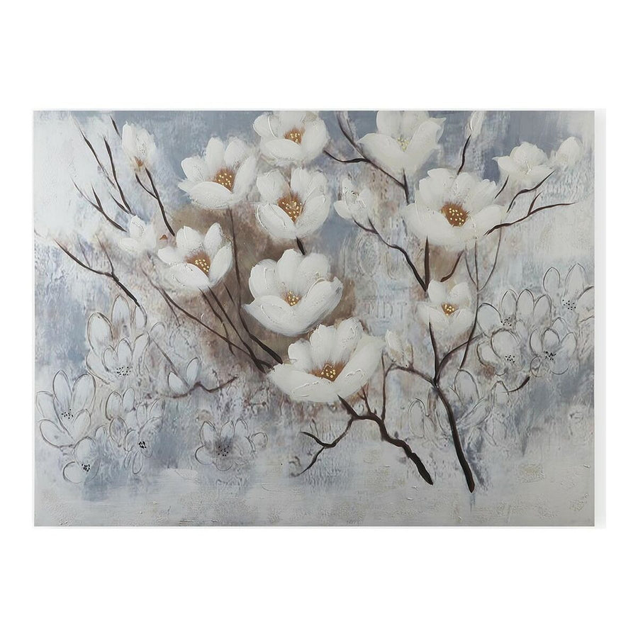 Floral canvas wall art of white blossom branches with gold centres on a grey-blue background