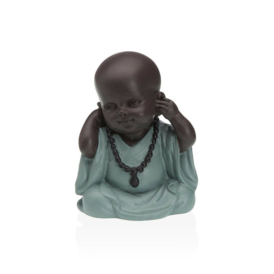 Small resin baby monk figure in a teal robe with a dark bead necklace, one hand cupped to its ear