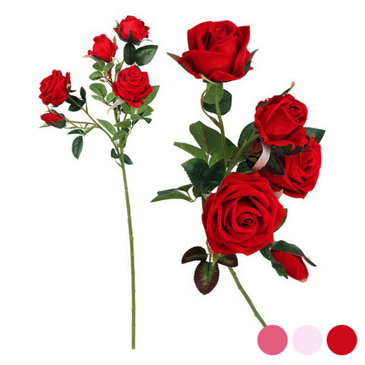Artificial rose spray with five red blooms and buds on a single 60 cm green stem, shown with pink, white and red colour swatches