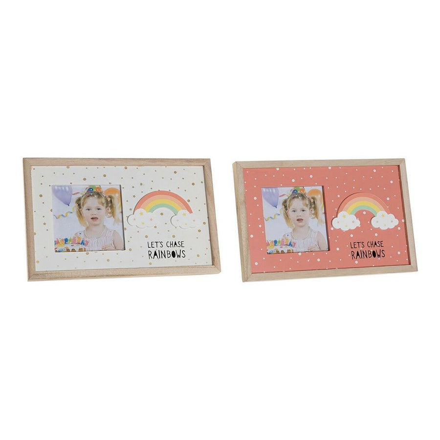 Two children's rainbow photo frames in natural wood, one white and one coral, each holding a small photo