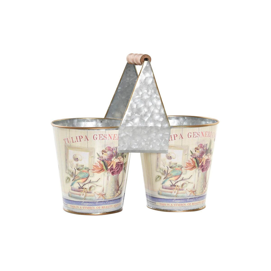 Two small metal bucket planters joined by a galvanised carrying handle, printed with a vintage floral and bird design