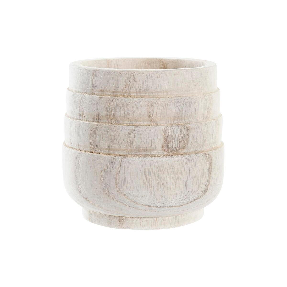 Small whitewashed paulownia wood plant pot with a stepped, ringed profile