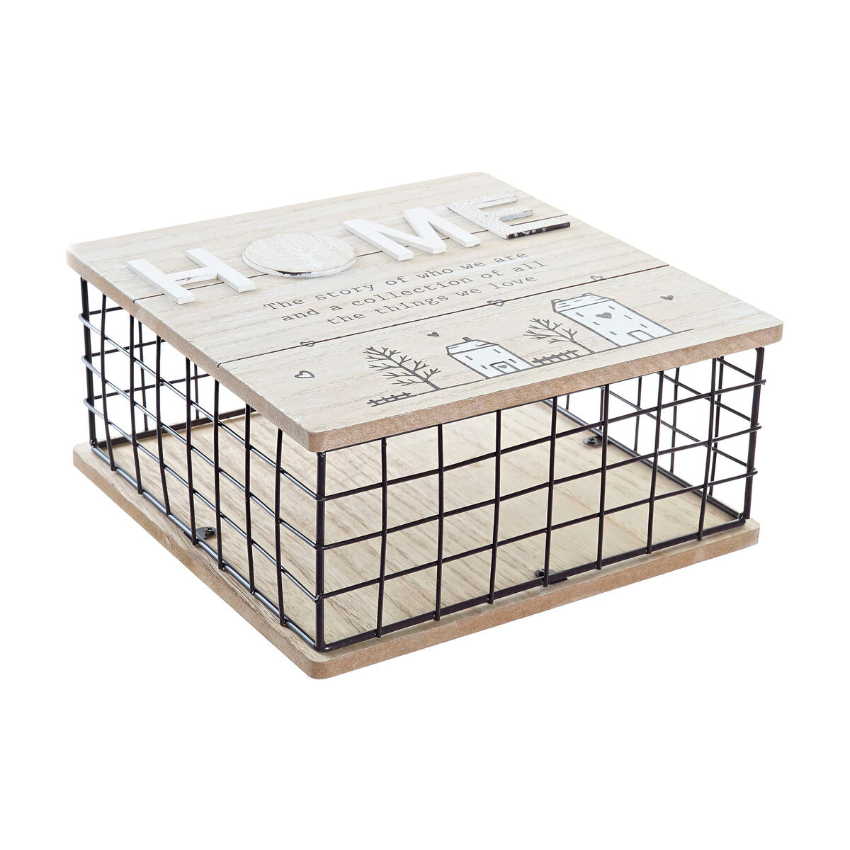 Square black wire mesh storage box with a natural wood lid printed with the word Home