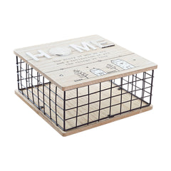 Square black wire mesh storage box with a natural wood lid printed with the word Home