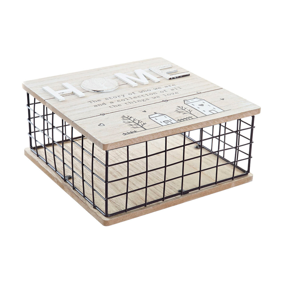 Square black wire mesh storage box with a natural wood lid printed with the word Home