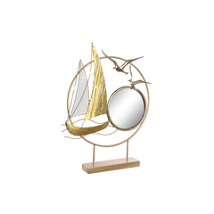 Gold metal sculpture of a sailing boat and two gulls inside a ring with a small round mirror, on a rectangular base