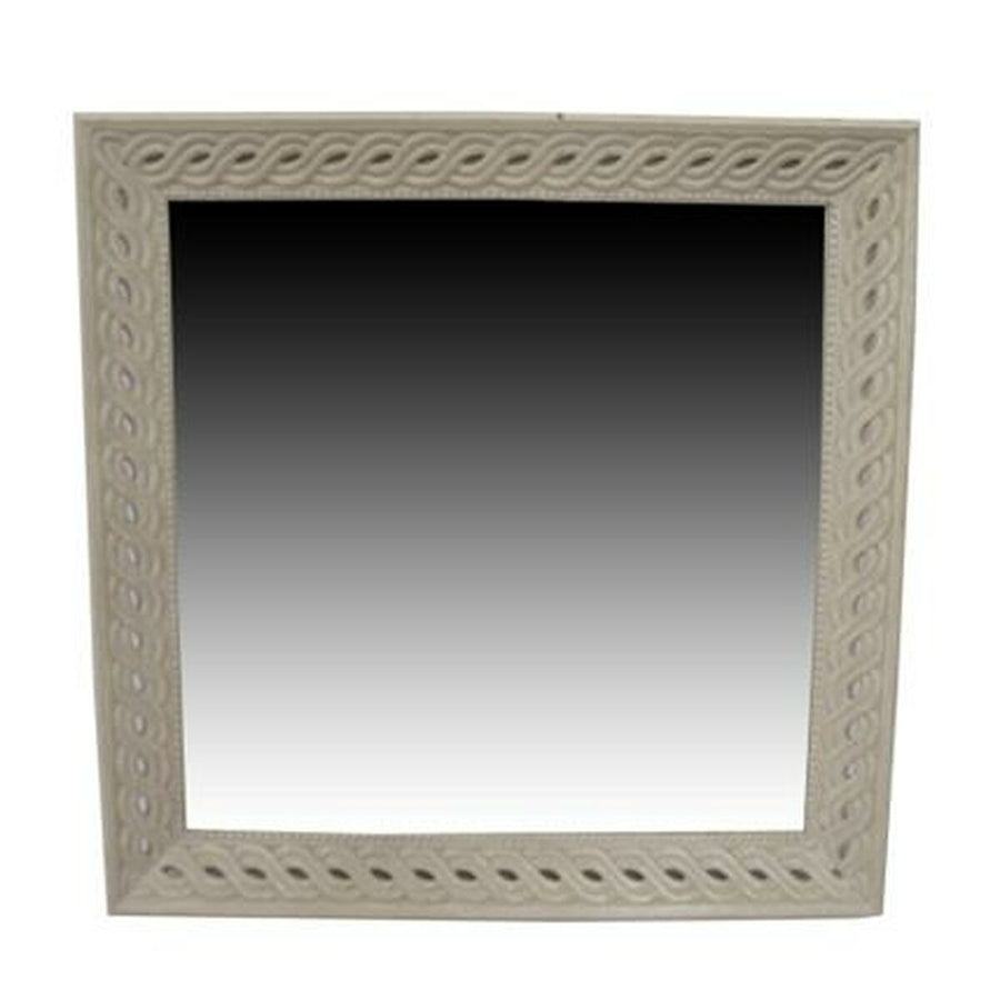 Square wall mirror with a carved whitewashed mango wood frame