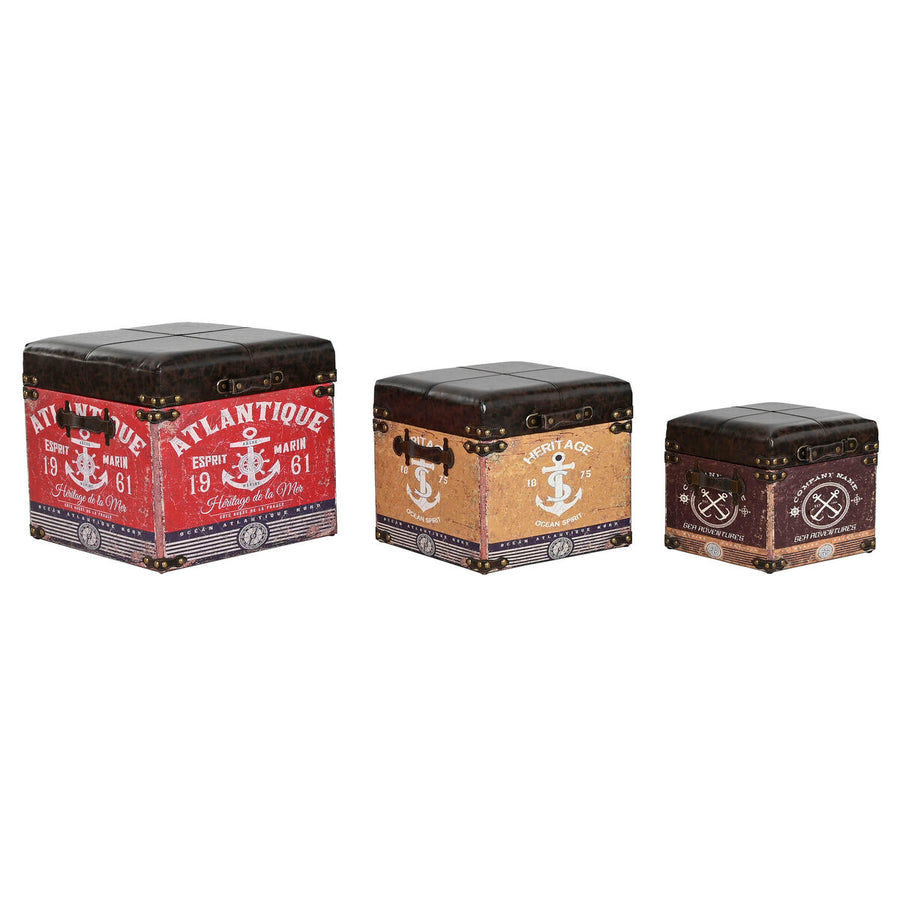 Three cube storage trunks in graduated sizes with red, tan and burgundy vintage nautical prints and padded dark brown lids