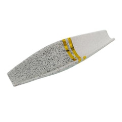 Long boat-shaped ceramic tray in speckled white glaze crossed by two metallic bands