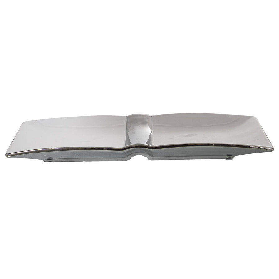 Long rectangular ceramic centrepiece tray in a mirror-silver glaze with a shallow central dip