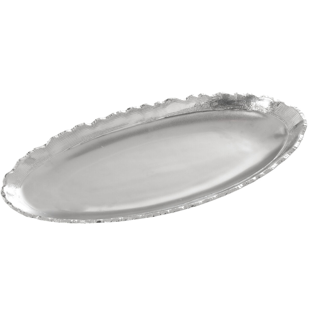 Oval ceramic centrepiece platter in a mirror-silver glaze with a scalloped, textured rim