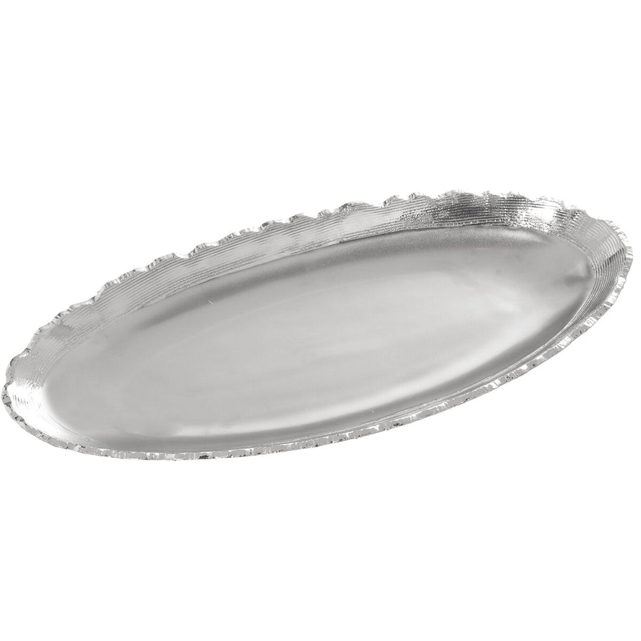 Oval ceramic centrepiece platter in a mirror-silver glaze with a scalloped, textured rim