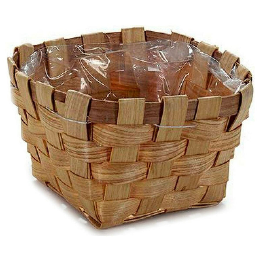 Small square basket planter woven from wide brown cane strips, with a clear plastic liner inside