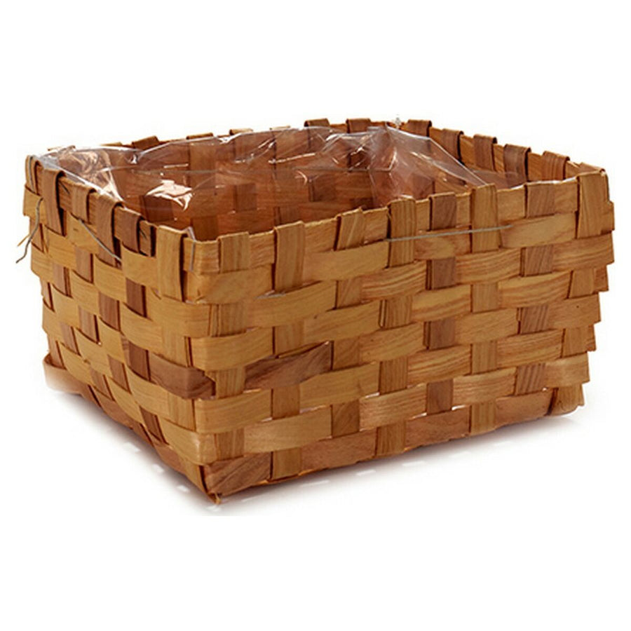 Rectangular basket planter woven from honey-brown cane strips, with a clear plastic liner inside