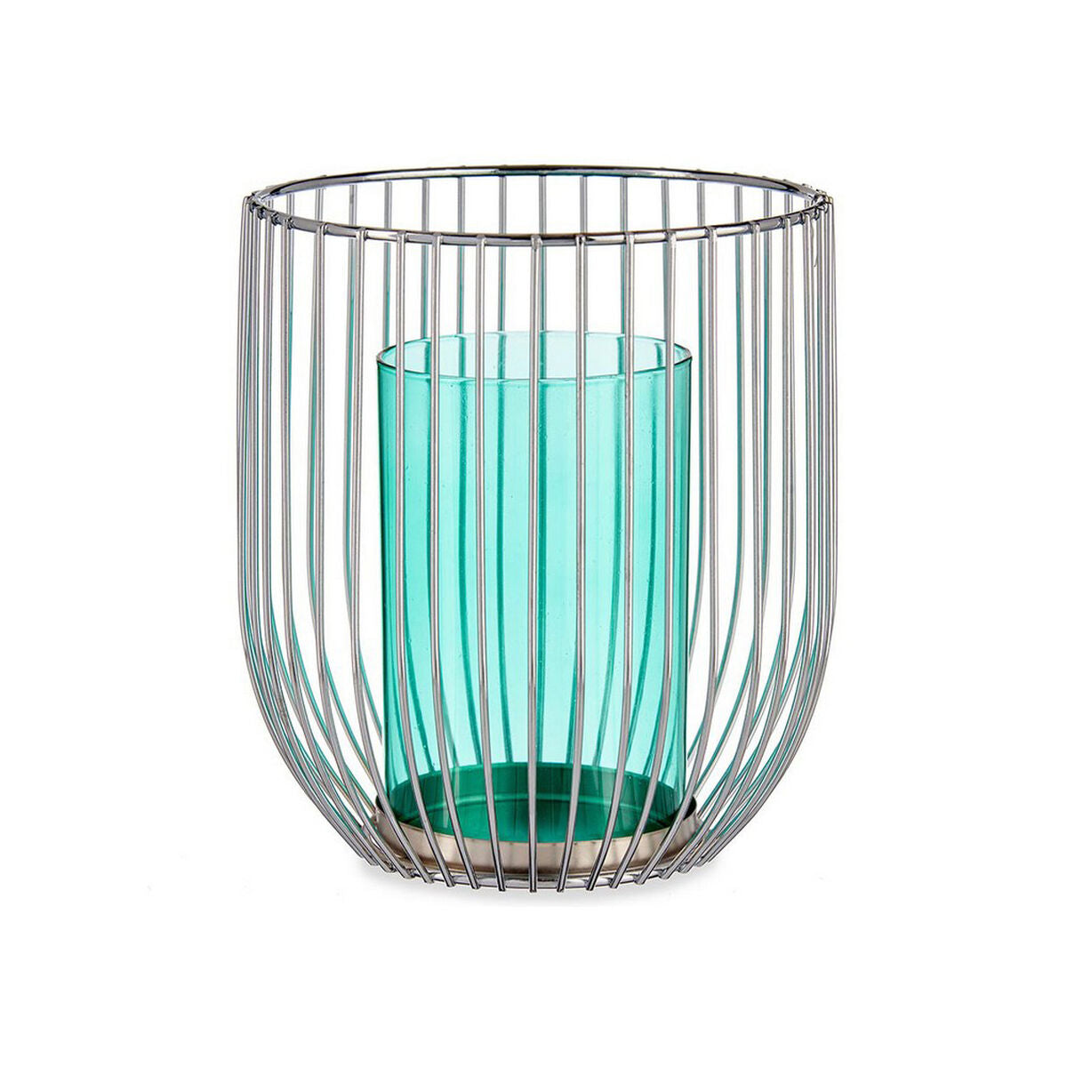 Silver wire cage candle holder with a blue-green glass cup inside