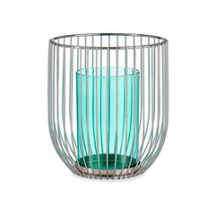 Silver wire cage candle holder with a blue-green glass cup inside