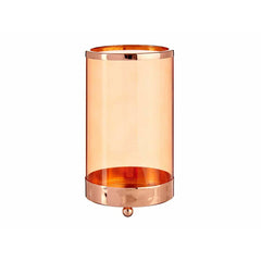 Cylinder candle holder with an amber glass sleeve and copper-finish metal base