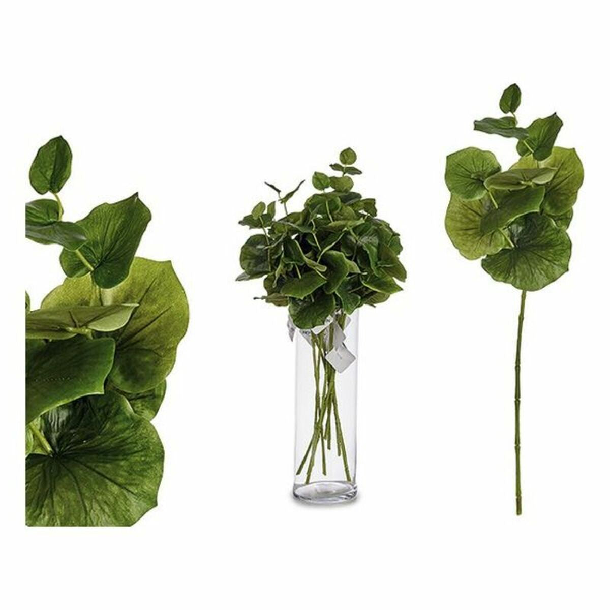 Single artificial green stem with round leaves, shown alone and as a bunch of stems in a glass cylinder vase