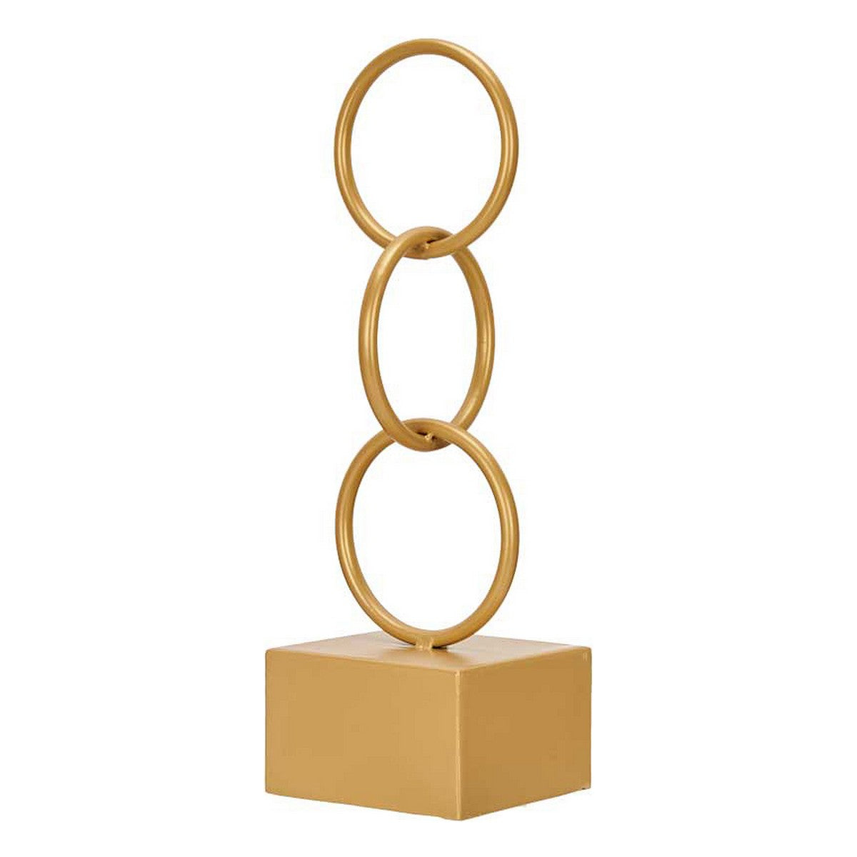 Gold metal ornament of three interlocking rings standing on a cube base