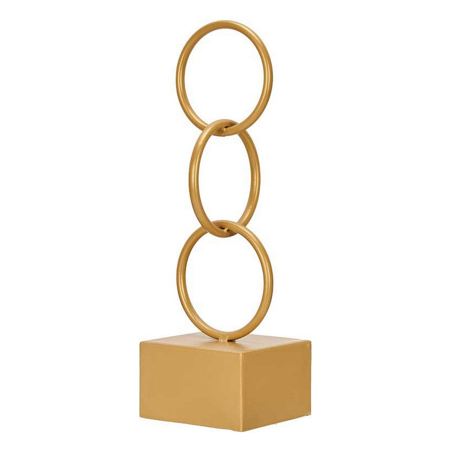 Gold metal ornament of three interlocking rings standing on a cube base