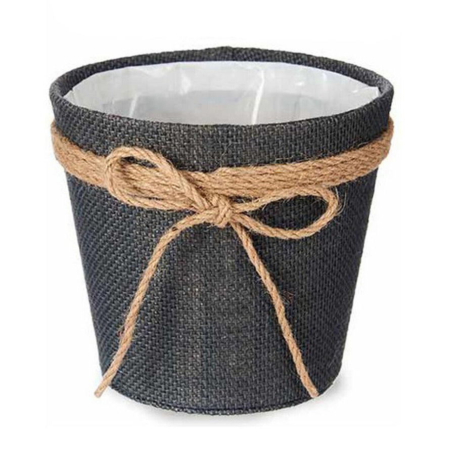 Dark grey woven-effect plant pot cover with a natural rope bow tied around the rim