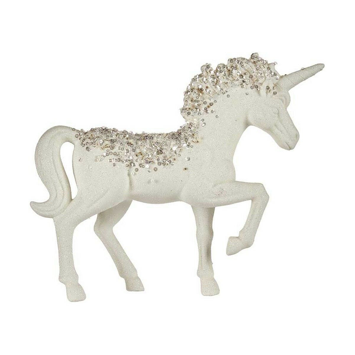 White glitter unicorn figure with a silver sequin mane and tail, one foreleg raised