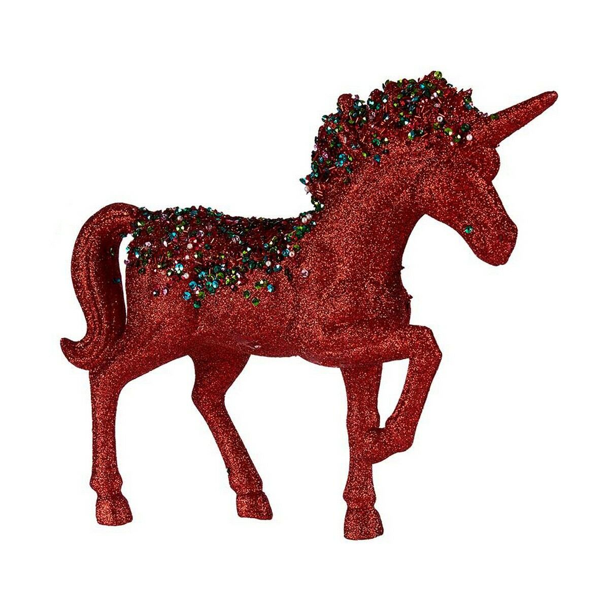 Red glitter unicorn figure with a mane and back of green, blue and red sequins, one foreleg raised