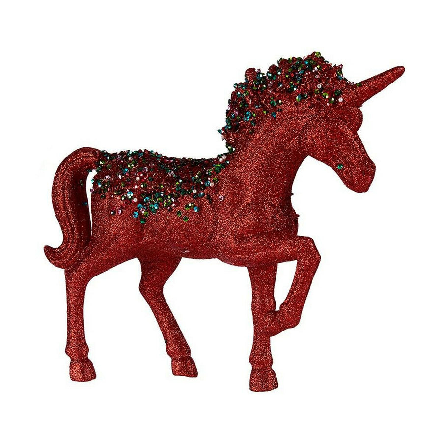Red glitter unicorn figure with a mane and back of green, blue and red sequins, one foreleg raised