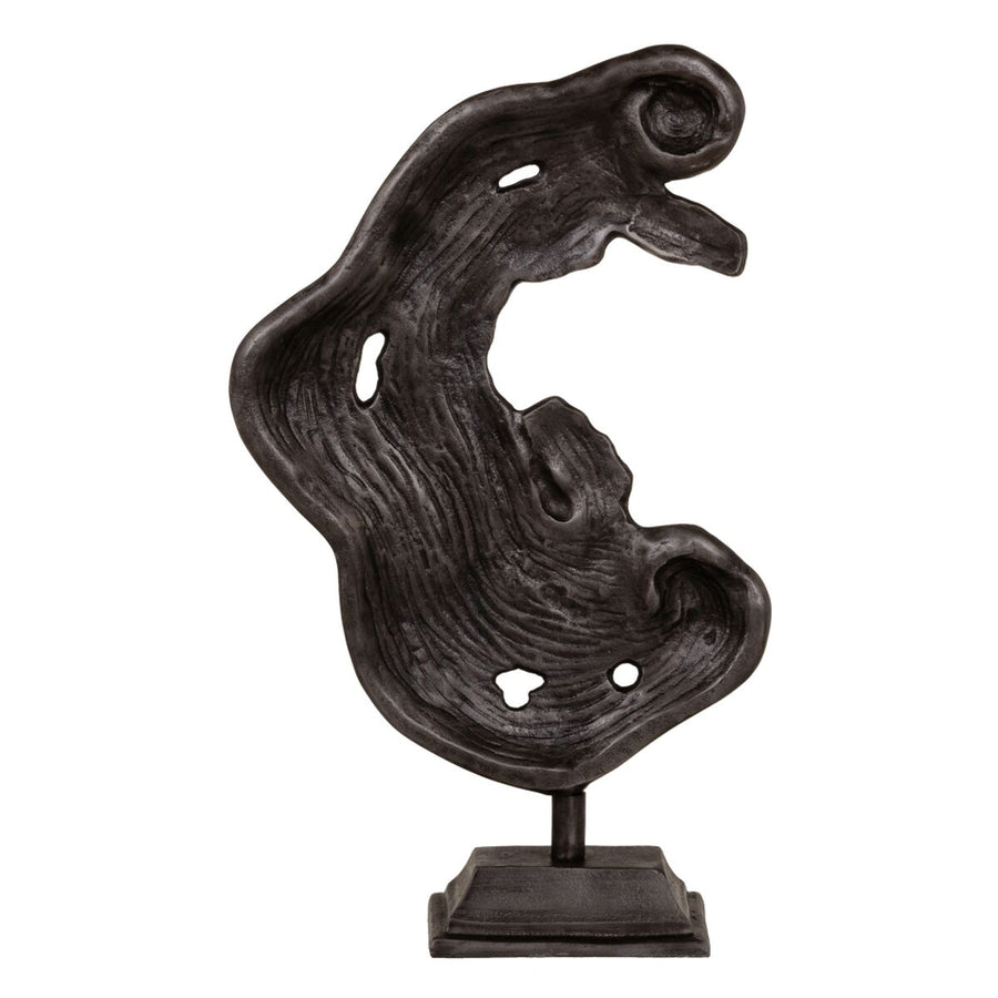 Dark grey abstract aluminium sculpture on a square plinth