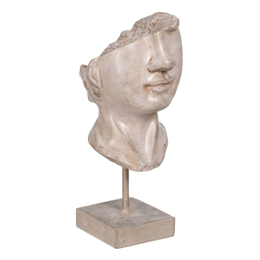 Stone-beige fragment of a classical face, from the nose down to the neck, mounted on a rod and square base