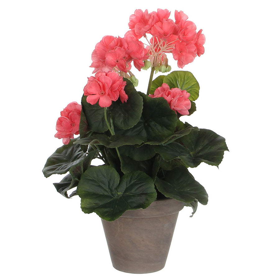 Artificial salmon-pink geranium with dark green scalloped leaves in a grey terracotta-style pot