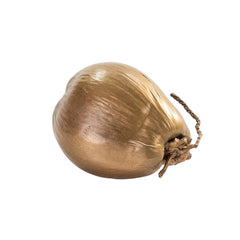 Gold-finished coconut ornament lying on its side with a short twisted stem