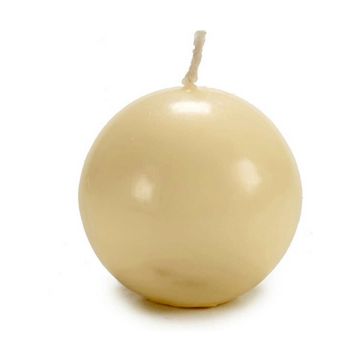 Glossy cream sphere candle, 7.5 cm across, with a short wick on top