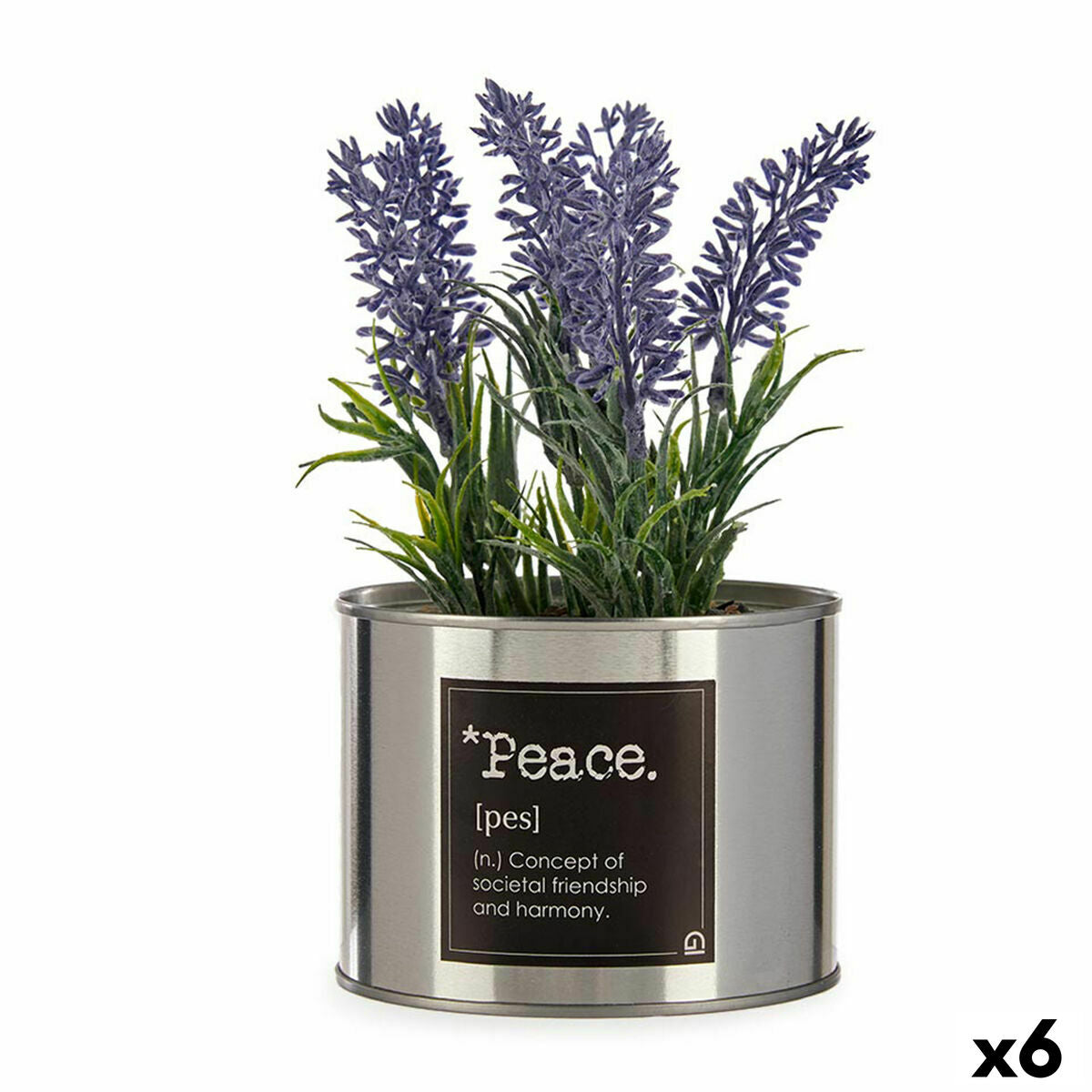 Artificial lavender stems in a silver tin printed with the word Peace and its dictionary definition