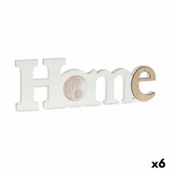 White 'Home' word-shaped photo frame with a round photo window in the o and a natural wood e