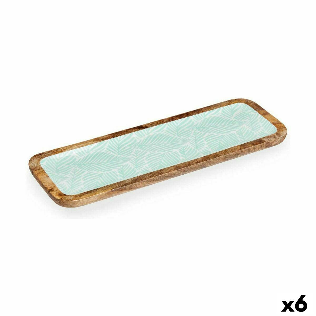 Long rectangular mango wood tray with a mint green and white palm leaf enamel inside and a natural wood rim