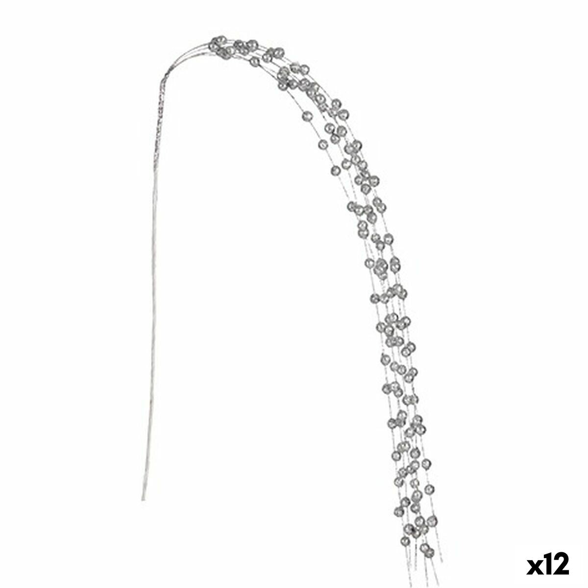 Long silver branch spray with cascading wire strands strung with small silver balls