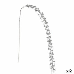 Long silver branch spray with cascading wire strands strung with small silver balls