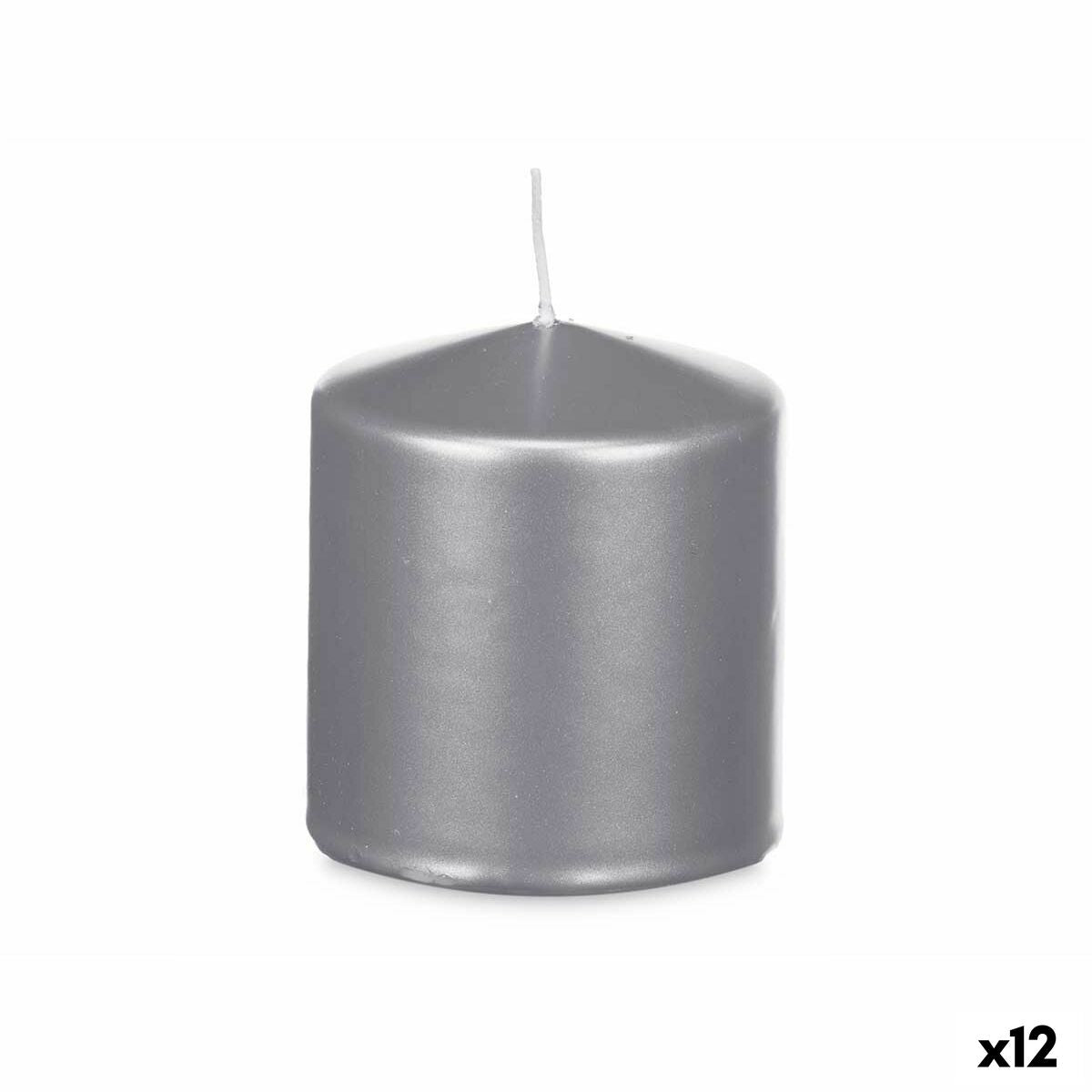 Single metallic silver pillar candle with a white wick, 9 cm wide and 10 cm tall