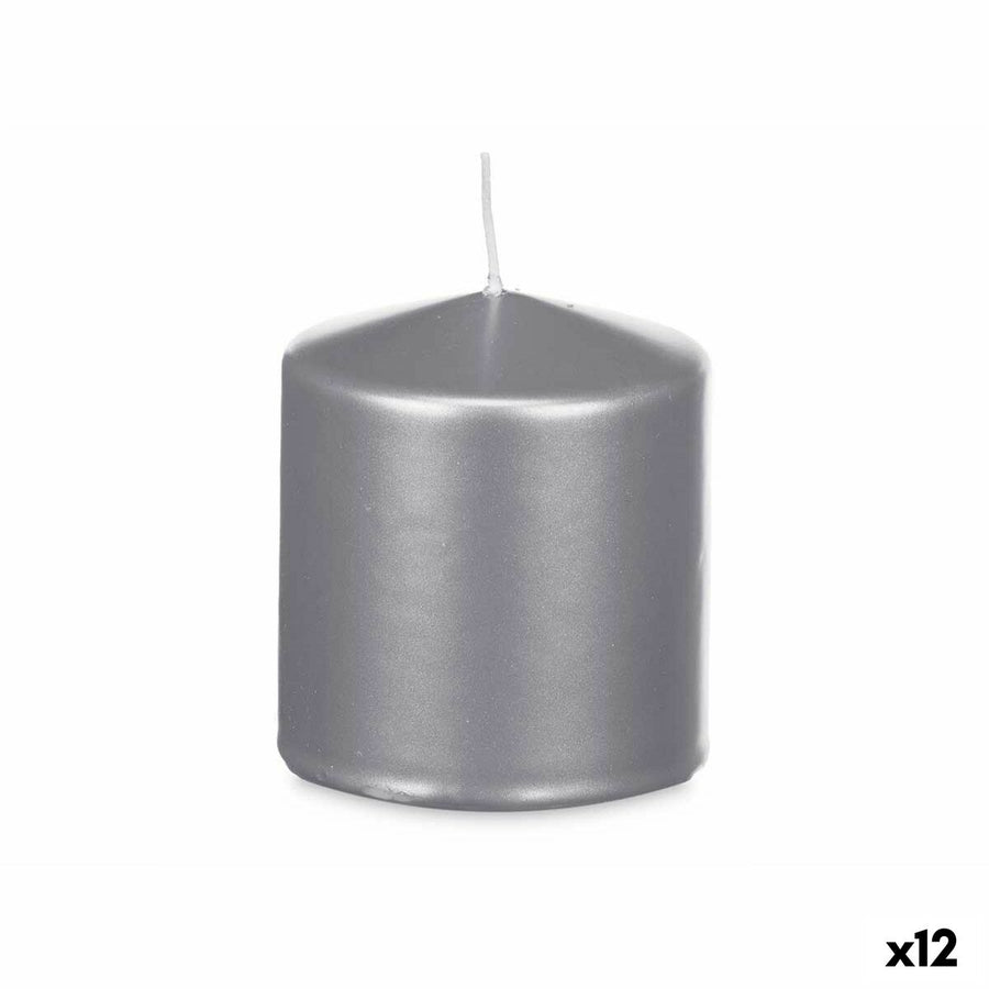 Single metallic silver pillar candle with a white wick, 9 cm wide and 10 cm tall